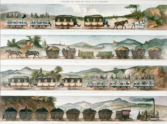Passeggeri e merci sulla prima linea francese aperta tra Lione e St. Etienne, 1829 (litografia a colori)