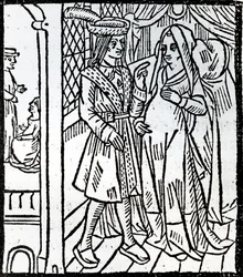 Pathelin e Guillemette, da La Farce de Maître Pierre Pathelin, c.1465
