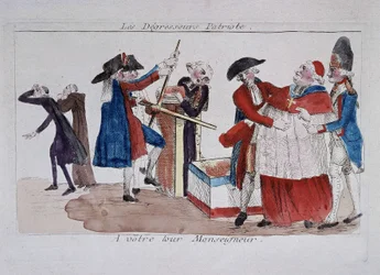 Patriote scans: commissari che passano il clero in una pressa per farli dimagrire, fine XVIII secolo