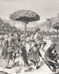 Danza dei Contadini delle Feste di Maggio, da una miniatura in un libro di preghiere del XV secolo, da 