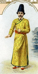 Uomo persiano. Edizione della litografia parigina, fine del XIX secolo. Serie di 25 cromos pubblicitari per la fabbrica di biscotti Pernot di Digione, creata nel 1869. Dettaglio dei personaggi in costume tradizionale
