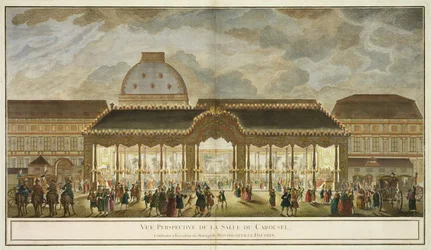 Veduta prospettica della Sala del Carosello, costruita per il matrimonio di Monseigneur Le Dauphin, incisa da Oubrier