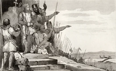 Filippo II Augusto (1165-1223) vince la battaglia di Bouvines dopo la preghiera, da 