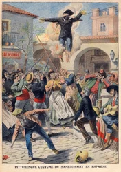 Usanza pittoresca del Sabato Santo in Spagna: la gente fa un manichino di vimini vestito di pelli (Giuda) che viene portato per le strade, inveito, sparato e bruciato - illustrazione da "Le Petit Journal" del 31 marzo