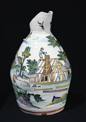 Brocca raffigurante la costruzione di un edificio, Sinceny, c.1740-50