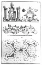 Pianta e decorazione per un tavolo, da Le Cannameliste Francais di Joseph Gilliers, pubblicato a Nancy da Jean Baptiste Hiacinthe Leclerc nel 1768