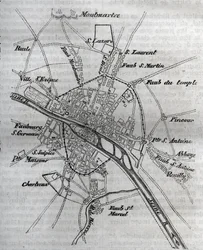 Piano di Parigi sotto Enrico III (1580) Incisione in "Histoire physique, civile et morale de Paris: depuis les premiers temps historiques à nos jours" di Jacques Antoine Dulaure