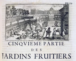 Piantare alberi da frutto, da Le Parfait Jardinier, ou Instruction pour les Jardins Fruitiers et Potager, di Jean de la Quintinye, pubblicato 1695