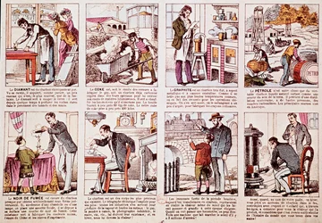 Tavola che descrive la storia della produzione del carbone e dei diversi derivati come diamante, coke (combustibile), grafite e petrolio (incisione)