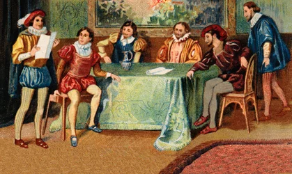 Pleiade a casa di Ronsard. I poeti Joachim du Bellay (1522-1560), Jean Antoine de Baïf (1532-1589), Jean Dorat (Auratus di nome reale Jean Dinemandi).
