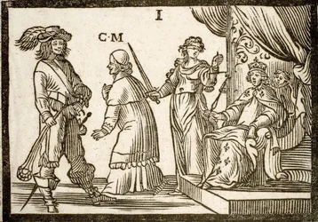 Pamphlet politico Mazarinade: Mazarino bandito dalla Giustizia e dalla Fronda, lascia il Re (Luigi XIII). Incisione su legno 1651.