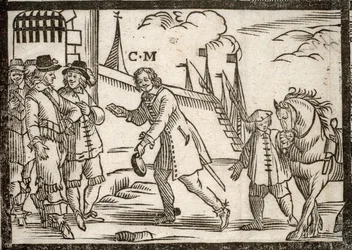 Pamphlet politico Mazarinade: Mazarin libera i principi a Le Havre, incisione su legno