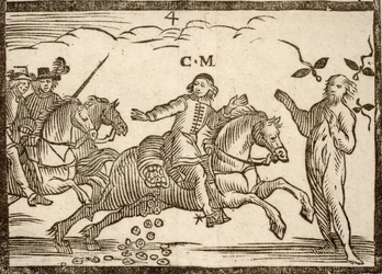 Pamphlet politico Mazarinade: Mazarin nella sua fuga lascia cadere gli scudi: l