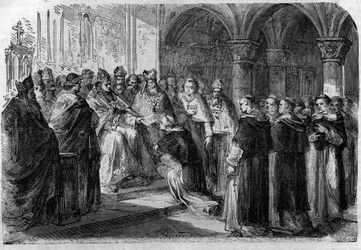 Papa Adriano II (792-872) consegna a uno dei suoi legati una bolla di scomunica contro il Signore Normanno. Incisione in "Storia dei Papi-Re-Regine ed Imperatori attraverso i secoli" di Maurice Lachatre