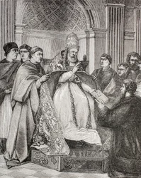 Papa Gregorio IX consegna le Decretali a un avvocato del Concistoro, da 
