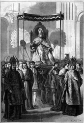 Papa Pio IX (1792-1878) portato processionalmente alla Chiesa di San Pietro a Roma (Italia) la Domenica delle Palme del 1861. Incisione in 