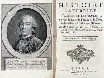 Ritratto e pagina del titolo di “Storia naturale, generale e particolare” di Buffon