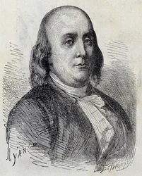 Ritratto di Benjamin Franklin (1706 - 1790), politico, memorialista, pamphlettista e fisico americano - in "Album della Scienza; studiosi illustri; Grandi scoperte" 1896
