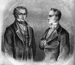 Ritratto di Charles Nodier (1780-1844) e Prosper Merimee (1803-1870), scrittori francesi. Incisione del 1866-1867.