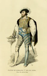 Ritratto di Claudio di Lorena (1496-1550), primo duca di Guisa. Incisione a colori, in "France et les français à travers les siècles" di Augustin Challamel, editore F. Roy, Parigi 1882. Collezione Selva.