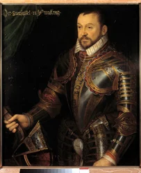 Ritratto di Francesco I, Duca di Montmorency, maresciallo di Francia (1530-1579) in armatura incisa con il suo monogramma e quello della moglie Diana di Francia Dipinto della Scuola Francese del XVI secolo. Dim. 0,87x0,74 m. Versailles, Castelli di Versail