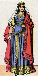 Ritratto di Ingonde, regina dei Franchi, moglie del re Clotario I. Immagine di Epinal della fine del XIX secolo. Collezione privata.