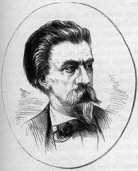 Ritratto di Jean Baptiste (Jean-Baptiste) Carpeaux (1827-1875), scultore francese. Incisione in "Le Monde Illustré" n.890 del 2 maggio 1874