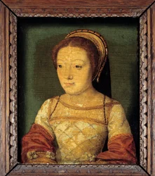 Ritratto di Renata di Francia, figlia di Luigi XII, Duchessa di Ferrara (1510 - 1575). Olio su legno, 0.16 x 0.13 m. pittura anonima. Scuola francese del XVI secolo