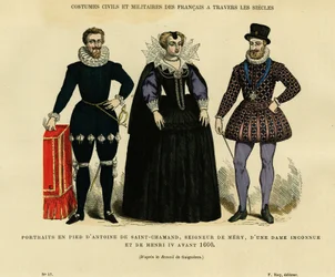 Ritratti prima del 1600, di Antoine de Saint Chamand, signore di Mery sur Oise, e del re di Francia Enrico IV (1553-1610), che circondano una donna sconosciuta. Incisione a colori dopo il disegno di Gaignieres, in “France et les francais a travers les siec