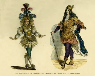 Ritratti del Re Luigi XIV (1638-1715), in costume teatrale e da carosello. Incisione a colori, in 