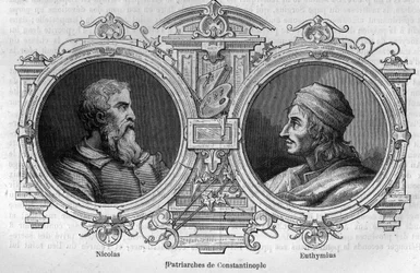 Ritratti di Nicola il Mistico (X secolo) ed Eutimio di Athos (955-1028), Patriarchi di Costantinopoli. Incisione in "Histoire des Papes-Rois-Reine e Imperatori attraverso i secoli" di Maurice Lachatre