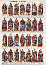 Ritratti dei re e delle regine di Francia della dinastia dei Merovingi e dei Carolingi. Immagine di Epinal della fine del XIX secolo. Collezione privata.