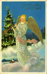 Cartolina di auguri di Natale: angelo con tromba sulle nuvole. Inizio del XX secolo.