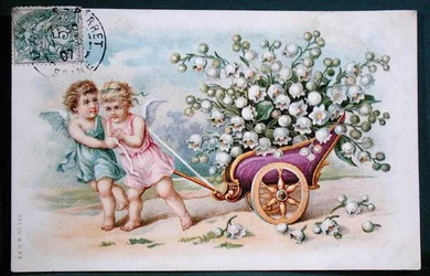 Cartoline raffiguranti cherubini che tirano un carro carico di mughetti