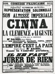 Poster pubblicitario di una performance alla Comédie-Française il 22 ottobre 1852, della tragedia di Corneille, Cinna, seguita da una recita della poesia L