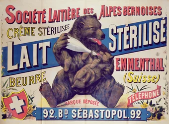 Poster pubblicitario per latte sterilizzato, burro e formaggio Emmenthal della Societe Laitiere des Alpes Bernoises, 1895-1900