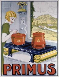 Poster pubblicitario del fornello Primus, stampato da Dampenon & Elarue