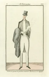 Abito in polvere di grano ricoperto. Soprabito di vigogna da Costumes Parisiens, pub.1912 (incisione colorata a mano)