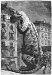 Mostro preistorico in una città moderna, inciso da Motty (XIX secolo) illustrazione da Le Monde Avant la Creation de l