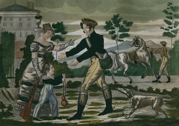 Preparativi per la caccia, tavola 1, inizio XIX secolo (incisione a colori)