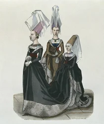 Principessa e dame di compagnia nel 1470, inciso da Gautier