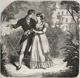 Principessa del Galles Carolina di Brunswick (1768-1821) che passeggia con il suo amante, Bartolomeo Bergami. Incisione del 1871 in "Histoire Des Cocus Celebres" di Henry de Kock (1819-1892).