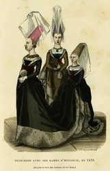 Principessa con le sue dame di compagnia, intorno al 1470. Incisione a colori dopo il libro dei tornei del re René, in “France et les francais a travers les siecles” di Augustin Challamel, F.Roy editore, Parigi 1882. Collezione Selva.