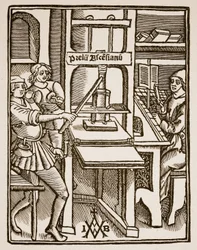 Pressa da stampa, pagina del titolo di Hegesippus, stampata da Jodocus Badius Ascensius, Parigi, 1511