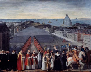 Processione della marmellata parigina dei pellegrini di Saint Michel du Mont sul Pont Neuf