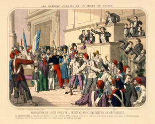 Proclamazione della Seconda Repubblica Francese durante la rivoluzione di febbraio, 24 febbraio 1848, foglio illustrato pubblicato da Gadola, Lione, 1848