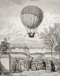 Il professor Jacques Charles e Nicolas-Louis Robert volano con il primo pallone a idrogeno con equipaggio il 1 dicembre 1783 nei Giardini delle Tuileries, Parigi, da 