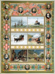 Il progresso durante il regno della regina Vittoria (1819-1901). Velieri, navi a vapore, treno a vapore e illuminazione stradale a gas ed elettrica, 1887