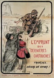 Poster di propaganda durante la Prima Guerra Mondiale: "prestito delle ultime cartucce, francesi ancora uno sforzo", XX secolo. Coll. Andiamo.