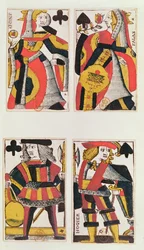 Regina e Fante che giocano a carte (incisione colorata su legno)
